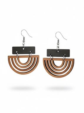 Geometric Wooden Drop Earrings - Black & Brown